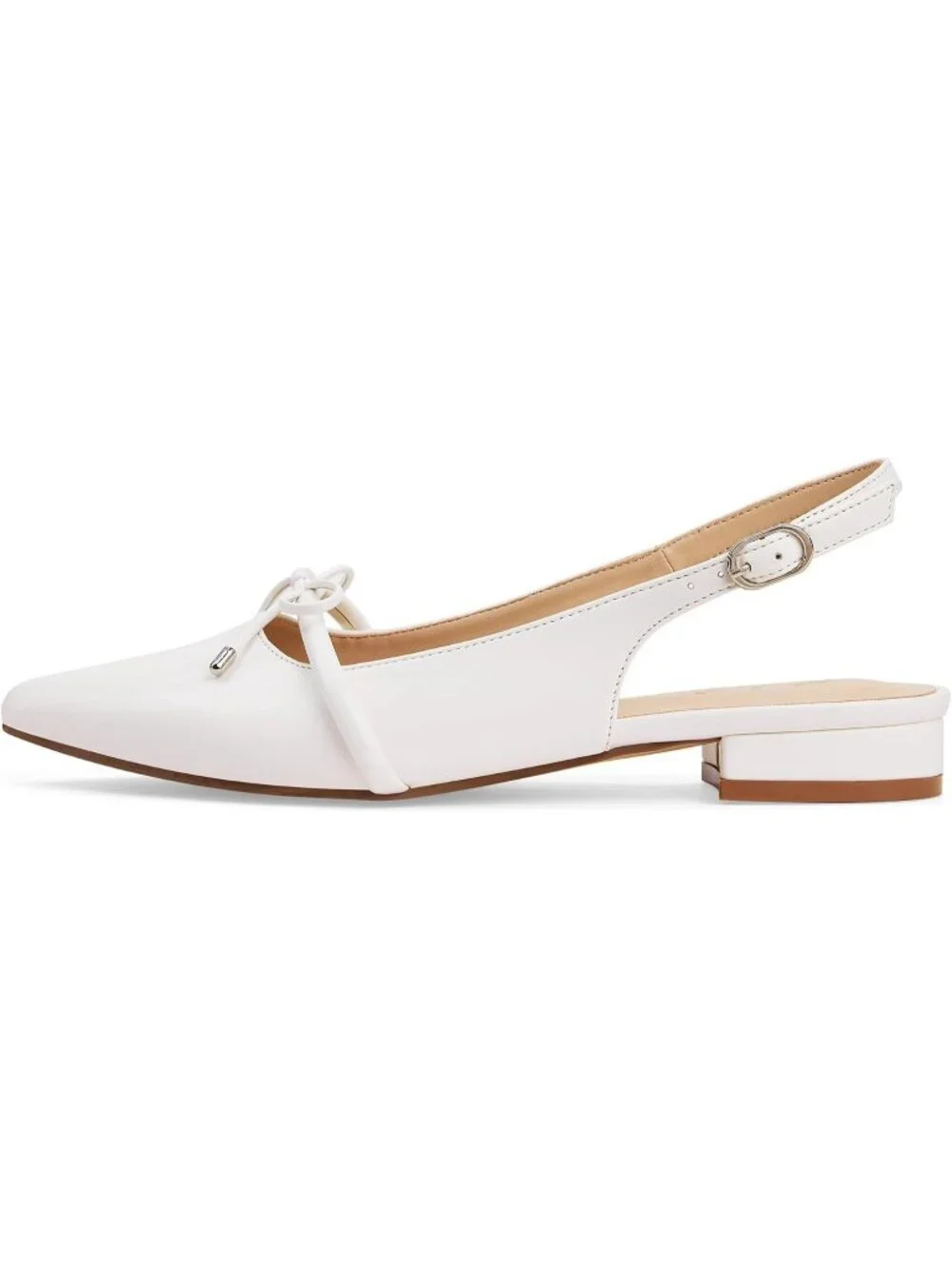 Women's White Slingback Flats Closed Pointed Toe Bow Low Block Chunky Heel Shoes